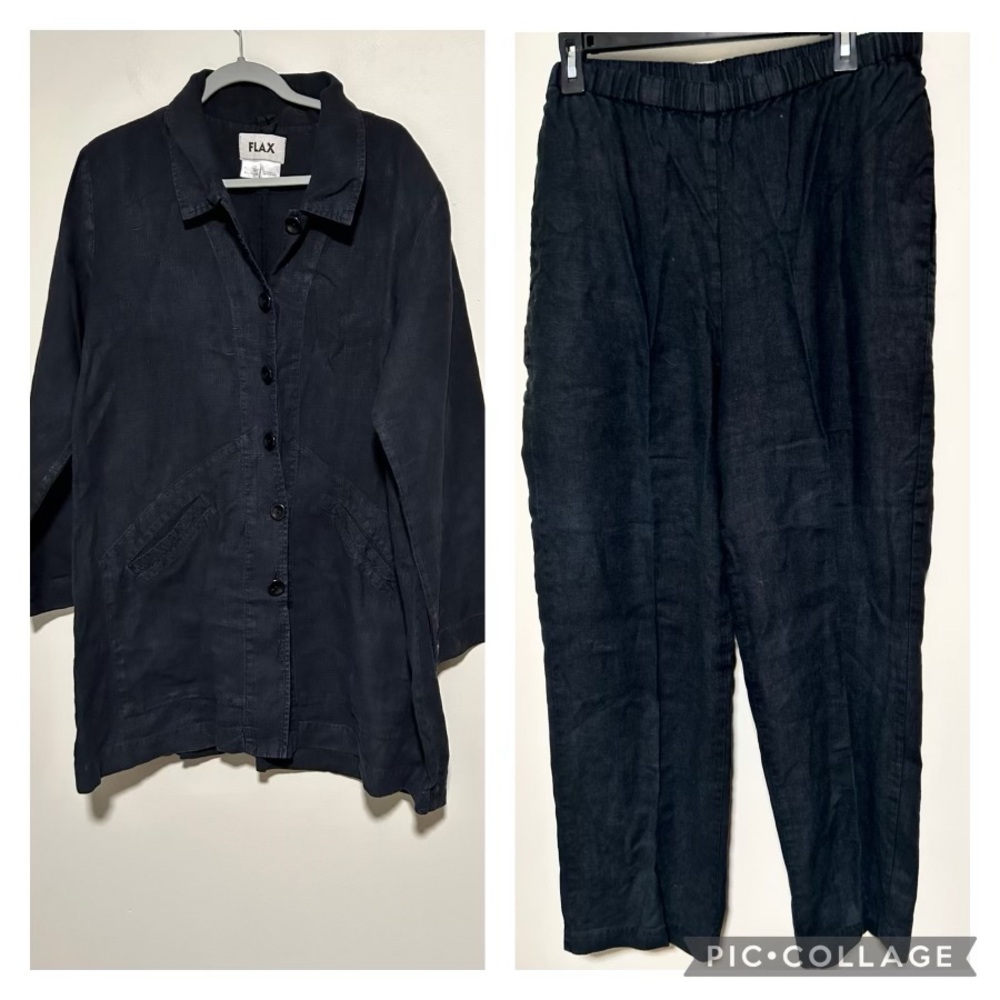 FLAX 100% Linen 2 Pc Set BLACK tunic and Ankle Pant Set Women’s Large Lagenlook
